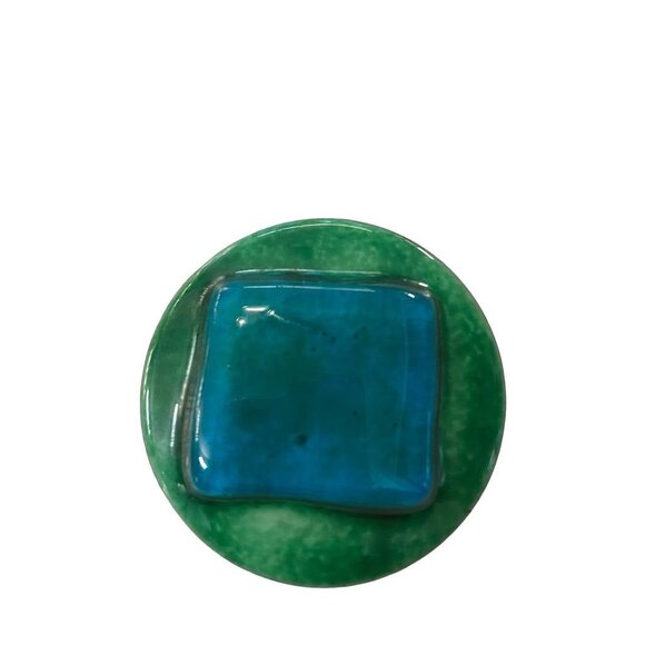 Vintage 1980s Porcelain Brooch Pin Mod Design Blue Green Glazed Copper Trim 2" D - Picture 12 of 12